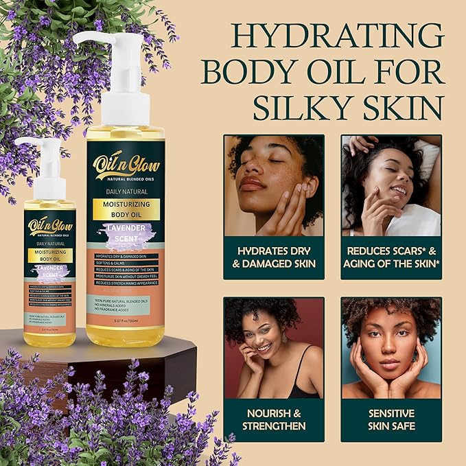 100% Pure Natural Hydrating Body Oil After Shower w/Vitamin E, Coconut, Jojoba, Olive, Almond - Moisturizing Oil For Dry Skin, Non-Greasy Body Oils, Anti-Aging - Lavender Scent, 5.07 fl oz