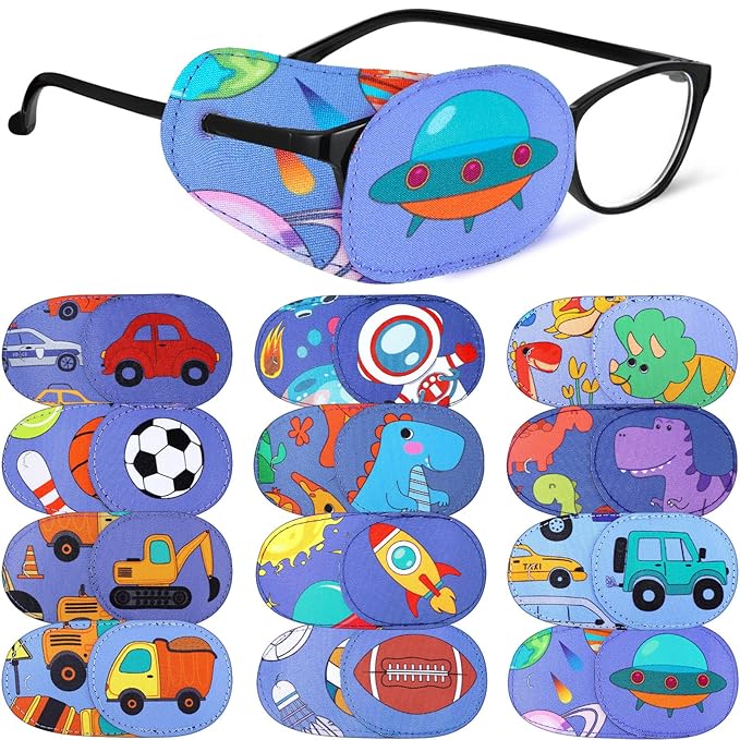 Newcotte 12 Pcs Eye Patch for Kids Toddler Reusable Adjustable Girls Boys Eyepatch for Glasses Left or Right Eye Patch, Assorted Patterns(Dinosaur)