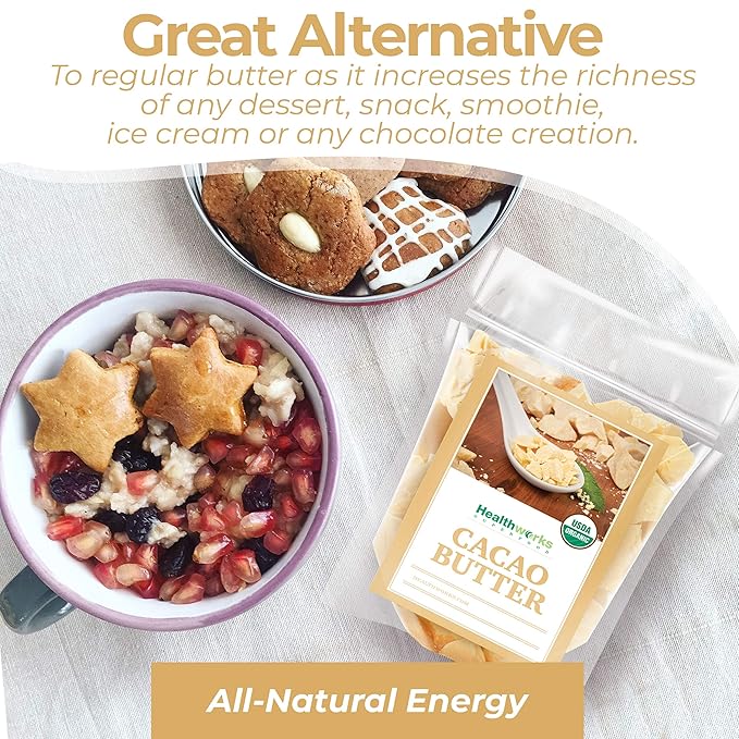 Healthworks Superfoods Organic Cacao Butter - 16 Oz / 1 Lb - USDA Certified Organic from Peru - Unrefined Non-Deodorized Cocoa - Sugar-Free, Keto, Vegan & Non-GMO - Antioxidant Superfood
