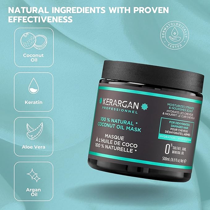 KERARGAN - Moisturizing Coconut Oil Hair Mask - Intensive Treatment for Dry and Damaged Hair - Deep Hydration - Free of sulfates, GMOs, and mineral oils - 16.9 Fl oz