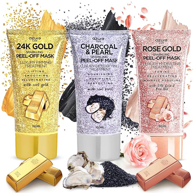 Azure Sparkling Peel-Off Masks Bundle - Rose Gold Hydrating Peel-Off Mask - 24K Gold Firming Peel-Off Mask - Charcoal & Pearl Anti Aging Peel-Off Mask - Each (150mL / 5.07 fl.oz.)