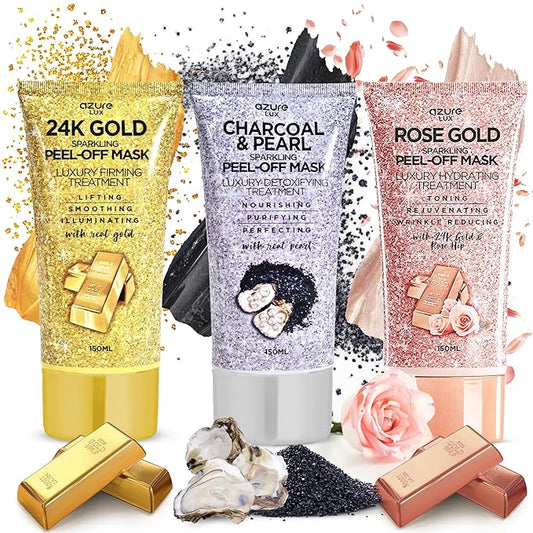 Azure Sparkling Peel-Off Masks Bundle - Rose Gold Hydrating Peel-Off Mask - 24K Gold Firming Peel-Off Mask - Charcoal & Pearl Anti Aging Peel-Off Mask - Each (150mL / 5.07 fl.oz.)
