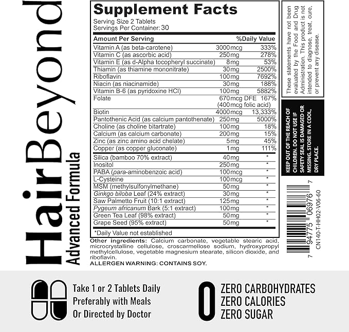 HairBeyond Advanced Hair Growth Formula Improves Follicle & Scalp Strength for Stronger Growth, Hair Loss Protection, Vitamin A, C, E, B Complex Saw Palmetto Silica Zinc Calcium Niacin Thiamin Biotin