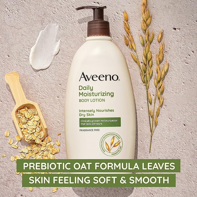 Aveeno Daily Moisturizing Body Lotion with Soothing Prebiotic Oat, Gentle Lotion Nourishes Dry Skin With Moisture, Paraben-, Dye- & Fragrance-Free, Non-Greasy & Non-Comedogenic, 18 oz, 2 Pack